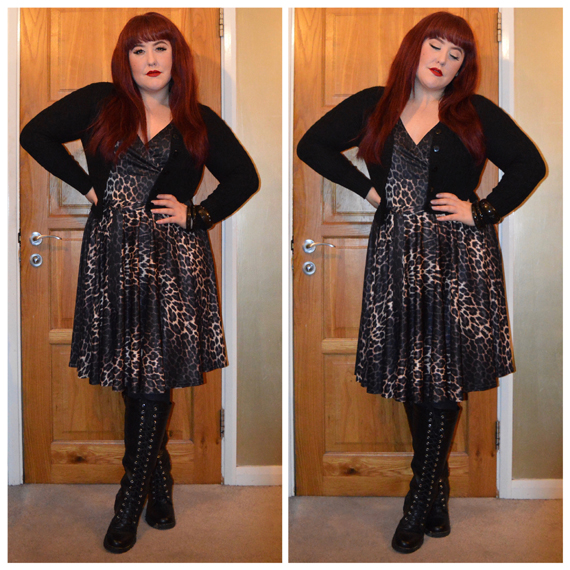 Eartha Leo dress [gifted by] Hell Bunny (Discount code Amymay20!% for 20% off) Black Mabel cardigan by Voodoo Vixen bought from Blue Banana (A/L) Golden Night bangles by Splendette Black Cecily boots by JustFab [Referral link for money off] miss amy may