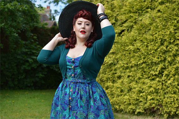 Fit and size review of the Navy Cool Palm Jemima dress gifted by Collectif by plus size pinup Miss Amy May