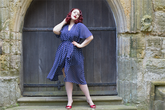 plus sized pinup fit review by Miss Amy May of the Navy Polka Dot Flutter Sleeve Claudia dress by Alexandra King for Deadly is the Female