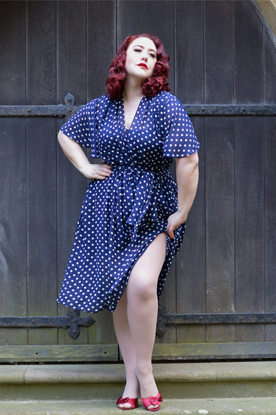 plus sized pinup fit review by Miss Amy May of the Navy Polka Dot Flutter Sleeve Claudia dress by Alexandra King for Deadly is the Female