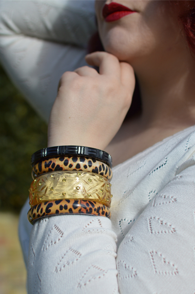 Miss Amy May features vintage inspired rockabilly jewellery small business Bow and Crossbones, carved bangles, bangle stacks