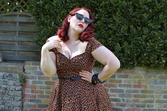 Plus size pinup Miss Amy May wears the Leopard Print Scarlett dress by Alexandra King for Deadly is the Female for a fit size review