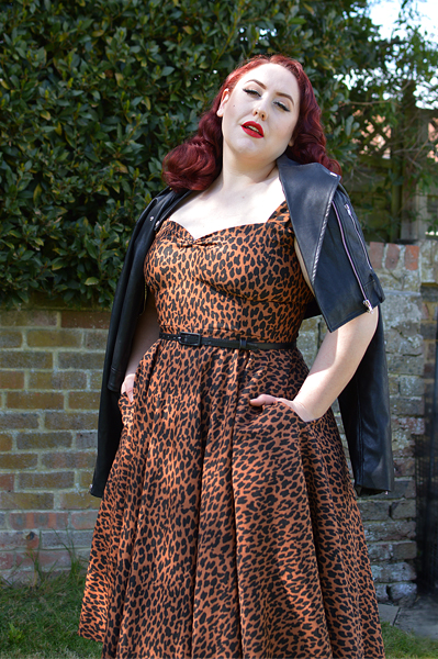Plus size pinup Miss Amy May wears the Leopard Print Scarlett dress by Alexandra King for Deadly is the Female for a fit size review