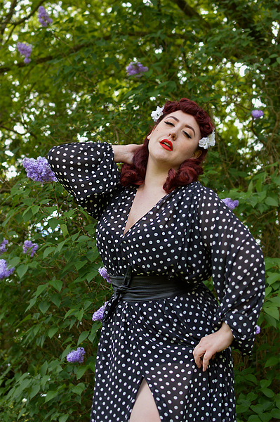 Black Polka dot Claudia Maxi dress by Alexandra King for Deadly is the Female modelled by Plus size pinup Miss Amy May for a fit and size review