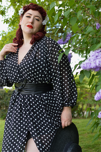 Black Polka dot Claudia Maxi dress by Alexandra King for Deadly is the Female modelled by Plus size pinup Miss Amy May for a fit and size review