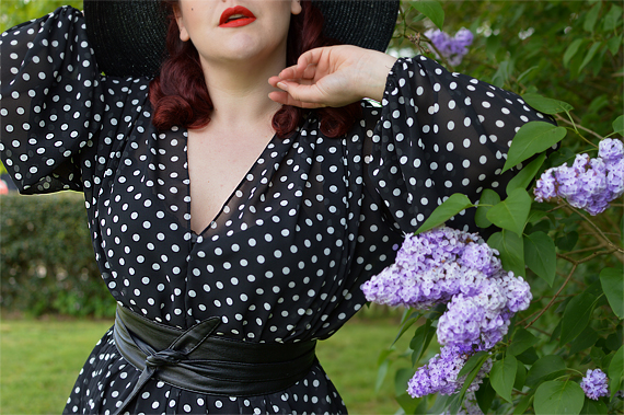 Black Polka dot Claudia Maxi dress by Alexandra King for Deadly is the Female modelled by Plus size pinup Miss Amy May for a fit and size review