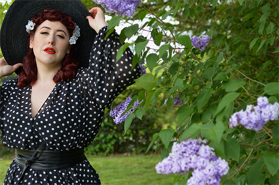 Black Polka dot Claudia Maxi dress by Alexandra King for Deadly is the Female modelled by Plus size pinup Miss Amy May for a fit and size review