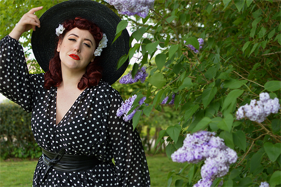 Black Polka dot Claudia Maxi dress by Alexandra King for Deadly is the Female modelled by Plus size pinup Miss Amy May for a fit and size review