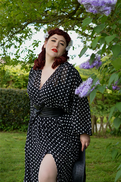 Black Polka dot Claudia Maxi dress by Alexandra King for Deadly is the Female modelled by Plus size pinup Miss Amy May for a fit and size review