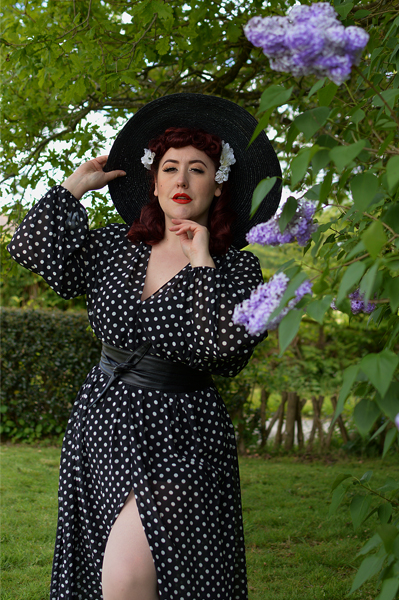 Black Polka dot Claudia Maxi dress by Alexandra King for Deadly is the Female modelled by Plus size pinup Miss Amy May for a fit and size review