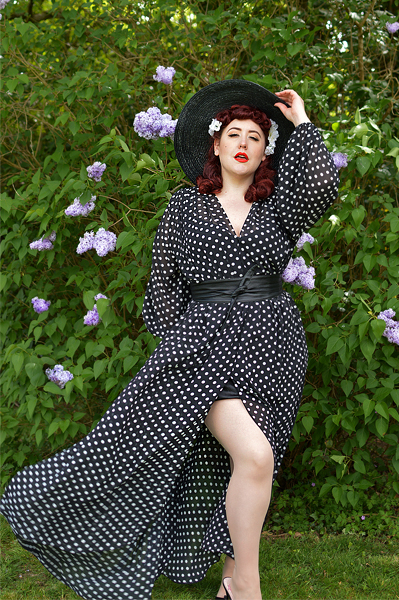 Black Polka dot Claudia Maxi dress by Alexandra King for Deadly is the Female modelled by Plus size pinup Miss Amy May for a fit and size review