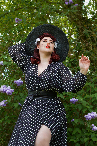 Black Polka dot Claudia Maxi dress by Alexandra King for Deadly is the Female modelled by Plus size pinup Miss Amy May for a fit and size review