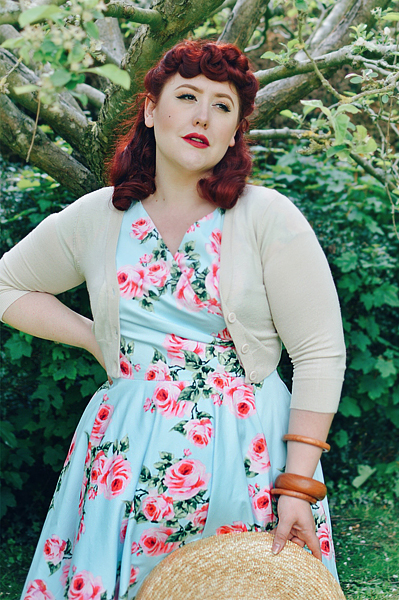 Plus sized pinup Miss Amy May writes a fit and size review of the Blue Vintage Rose Hourglass swing dress gifted by The Pretty Dress Company