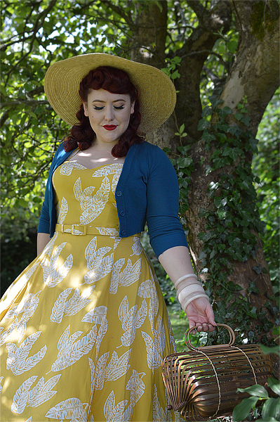 Fit and size review of the Collectif Beth Golden Leaves swing dress by plus size pinup Miss Amy May