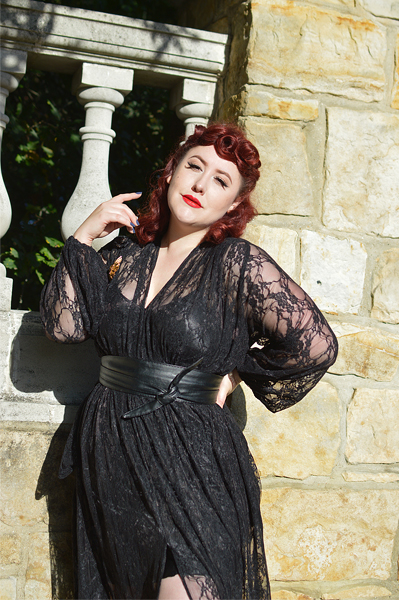 Fit and size review of the Lace Claudia maxi dress by Alexandra King for Deadly is the Female by plus size pinup Miss Amy May
