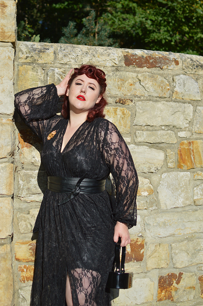 Fit and size review of the Lace Claudia maxi dress by Alexandra King for Deadly is the Female by plus size pinup Miss Amy May