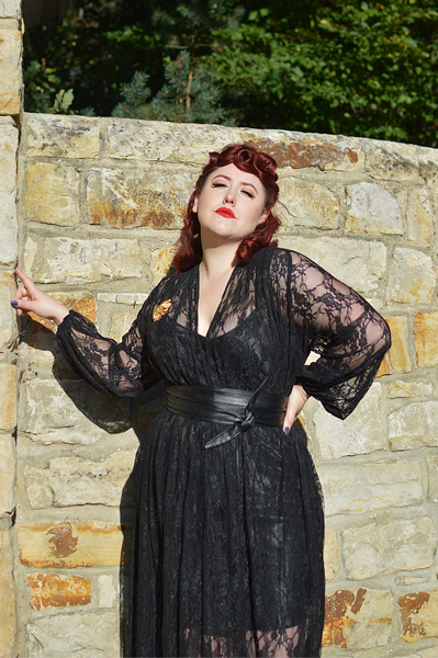 Fit and size review of the Lace Claudia maxi dress by Alexandra King for Deadly is the Female by plus size pinup Miss Amy May