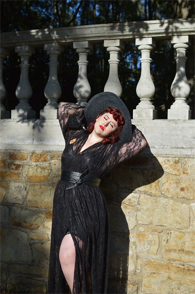Fit and size review of the Lace Claudia maxi dress by Alexandra King for Deadly is the Female by plus size pinup Miss Amy May