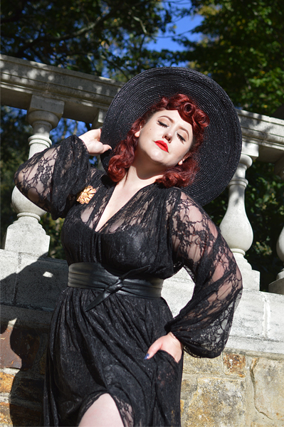 Fit and size review of the Lace Claudia maxi dress by Alexandra King for Deadly is the Female by plus size pinup Miss Amy May