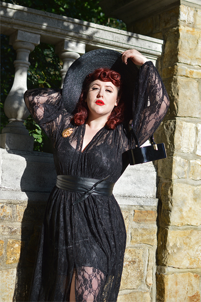 Fit and size review of the Lace Claudia maxi dress by Alexandra King for Deadly is the Female by plus size pinup Miss Amy May