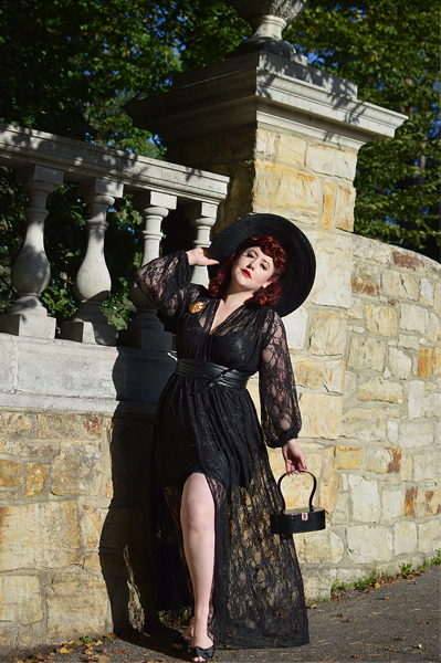Fit and size review of the Lace Claudia maxi dress by Alexandra King for Deadly is the Female by plus size pinup Miss Amy May