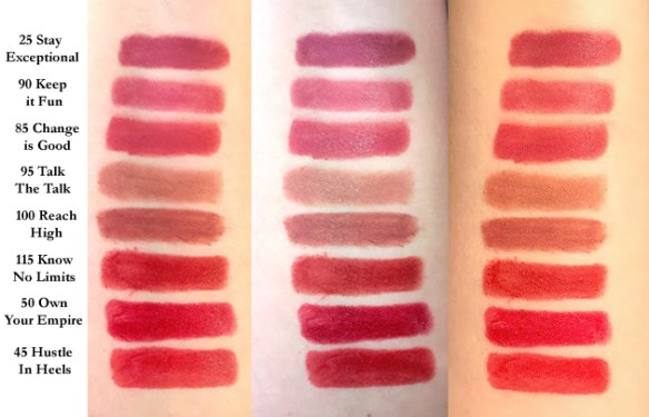 Swatches comparing 95 Talk the Talk, 100 Reach High and 115 Know No Limits new Maybelline Superstay Matte Crayons to past releases