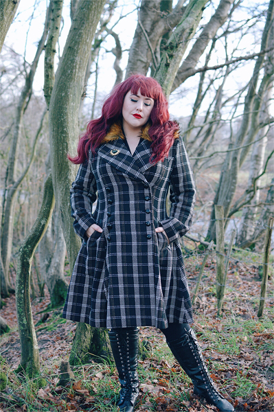 Plus size Pinup Miss Amy May models the Brooklyn Coat gifted by Hell Bunny in her fit and size review