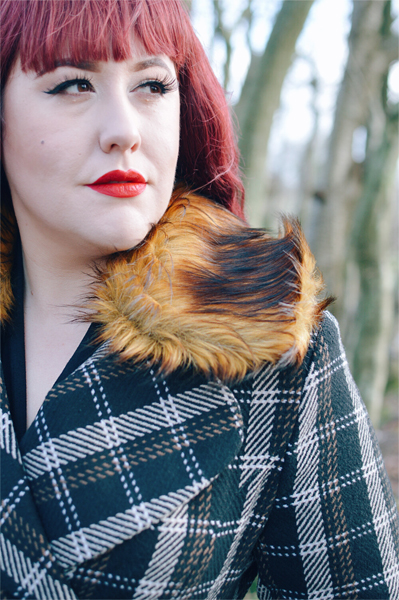 Plus size Pinup Miss Amy May models the Brooklyn Coat gifted by Hell Bunny in her fit and size review