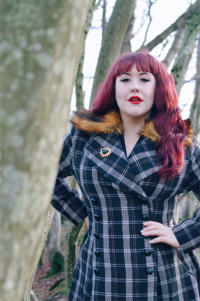 Plus size Pinup Miss Amy May models the Brooklyn Coat gifted by Hell Bunny in her fit and size review