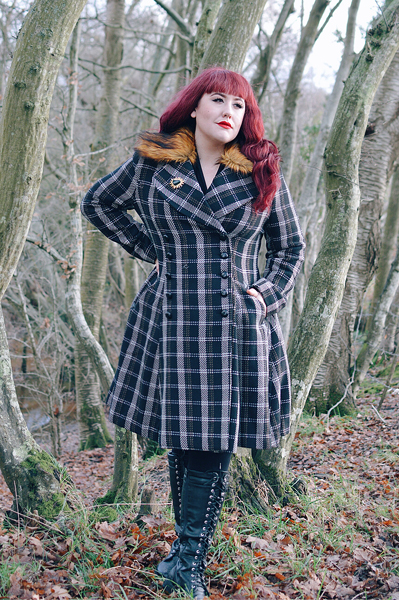 Plus size Pinup Miss Amy May models the Brooklyn Coat gifted by Hell Bunny in her fit and size review