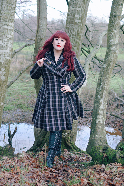 Plus size Pinup Miss Amy May models the Brooklyn Coat gifted by Hell Bunny in her fit and size review