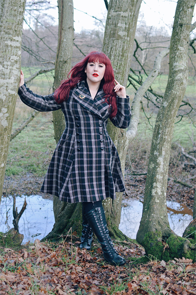 Plus size Pinup Miss Amy May models the Brooklyn Coat gifted by Hell Bunny in her fit and size review