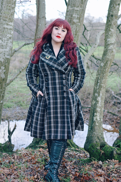 Plus size Pinup Miss Amy May models the Brooklyn Coat gifted by Hell Bunny in her fit and size review