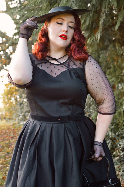 fit and size review by plus size pinup Miss Amy May of the Elizabeth black dress gifted by Dolly & Dotty 