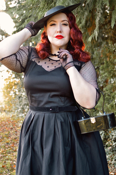 fit and size review by plus size pinup Miss Amy May of the Elizabeth black dress gifted by Dolly & Dotty 