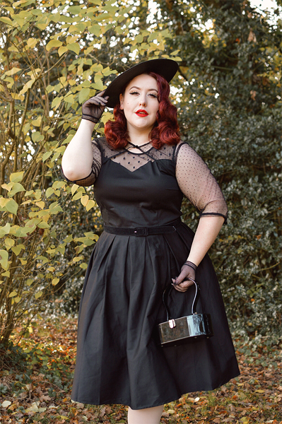 fit and size review by plus size pinup Miss Amy May of the Elizabeth black dress gifted by Dolly & Dotty 