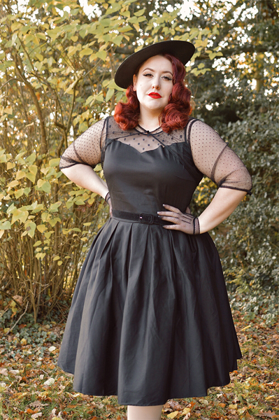 fit and size review by plus size pinup Miss Amy May of the Elizabeth black dress gifted by Dolly & Dotty 