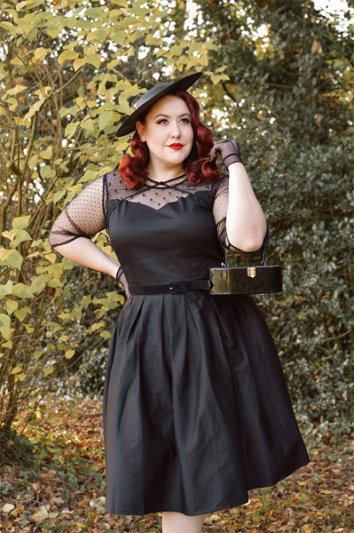 fit and size review by plus size pinup Miss Amy May of the Elizabeth black dress gifted by Dolly & Dotty 