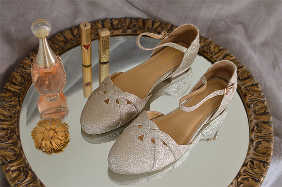 Plus size pinup Miss Amy May models  the champagne glitter Manhattan flats by Charlie Stone Shoes