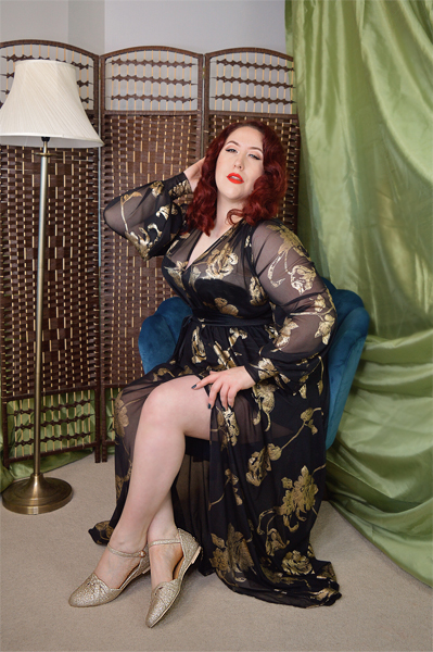 Plus size pinup Miss Amy May models  the champagne glitter Manhattan flats by Charlie Stone Shoes