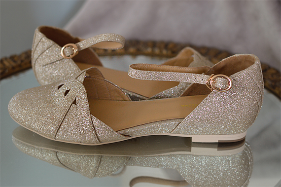 Plus size pinup Miss Amy May models  the champagne glitter Manhattan flats by Charlie Stone Shoes