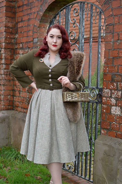 Plus size pinup Miss Amy May models the Tamrika-Sand dress gifted by Miss Candyfloss for a fit and size review