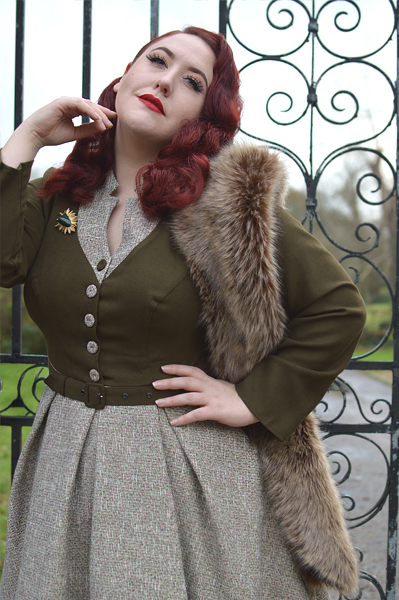 Plus size pinup Miss Amy May models the Tamrika-Sand dress gifted by Miss Candyfloss for a fit and size review