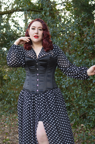 Miss Amy May wearing the Glamorous Corset Jenna black satin overbust corset