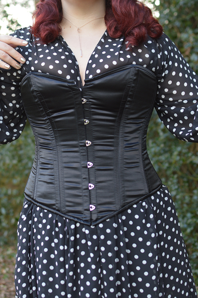 Miss Amy May wearing the Glamorous Corset Jenna black satin overbust corset