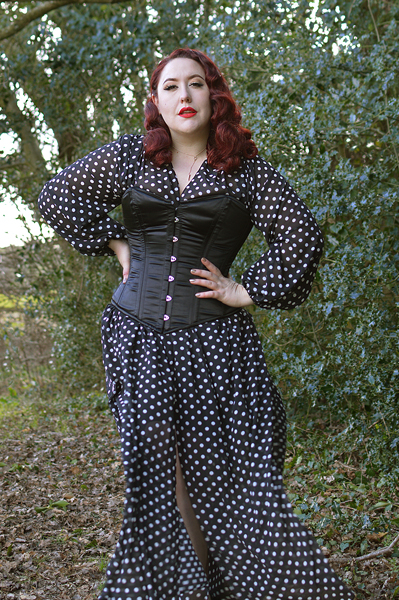 Miss Amy May wearing the Glamorous Corset Jenna black satin overbust corset