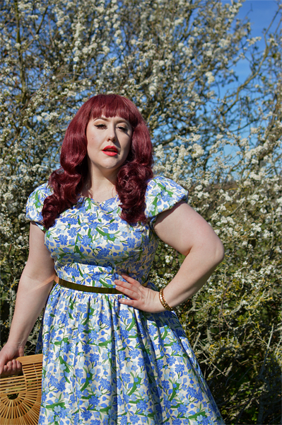 Plus size pinup Miss Amy May models the Collectif clothing Demira Dreamy Floral dress for a fit and size review