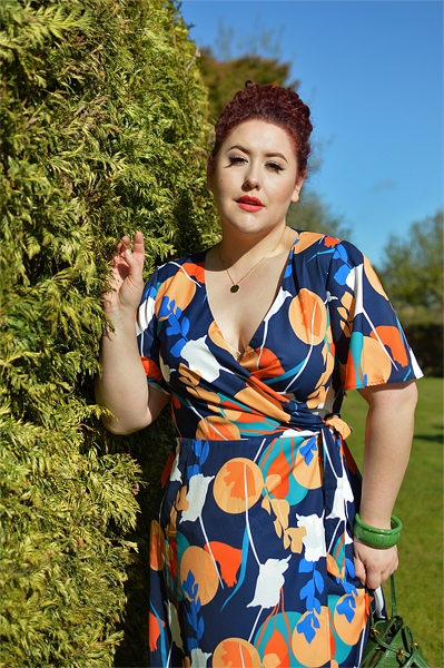 Plus size pinup Miss Amy May models the Abstract Print Midi Wrap Day Dress by Chi Chi London for a fit and sizing review