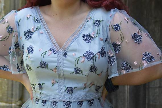 Plus size pinup Miss Amy May models the Embroidered Lace V-Neck Midi Dress by Chi Chi London for a fit and sizing review