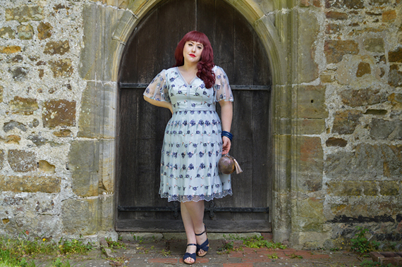Plus size pinup Miss Amy May models the Embroidered Lace V-Neck Midi Dress by Chi Chi London for a fit and sizing review
